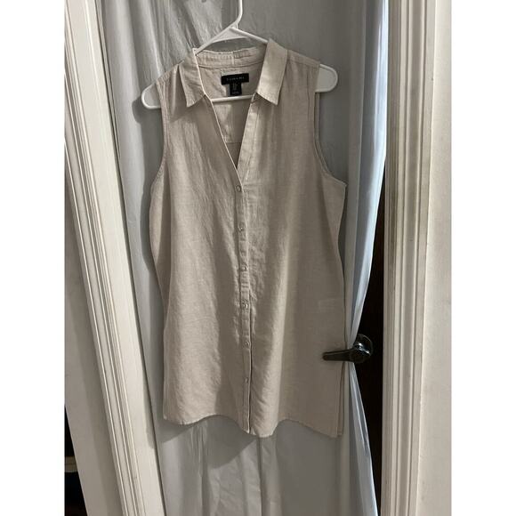 Tahari Tan White Micro Striped Linen Blend Button Up Tunic Top Sz M Side Slits - Picture 1 of 6